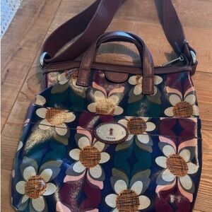 Fossil Women's Crossbody Bag with Floral Pattern - Blue and Brown